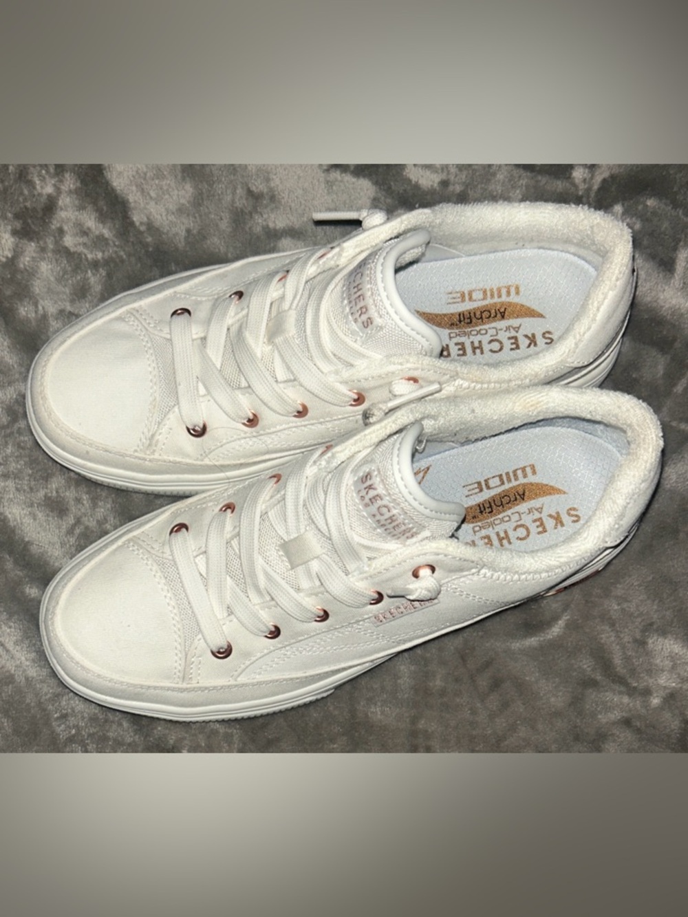 Skechers Women's White Slip On Casual Sneakers with Rose Gold Eyelets - Picture 4 of 8